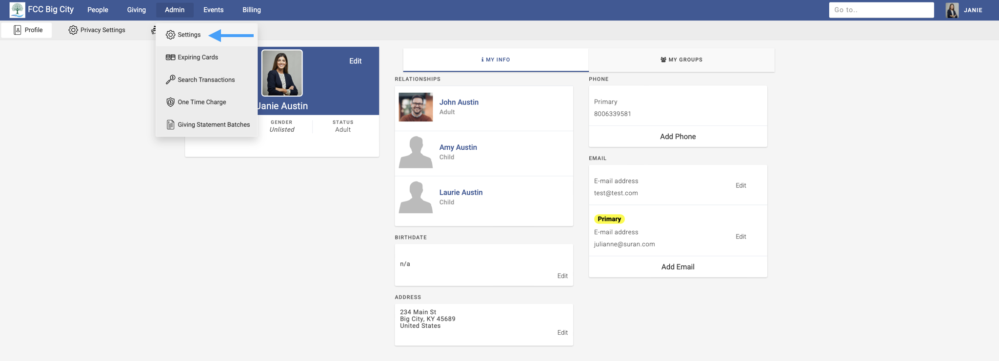 The Engage home page with an arrow pointing to Settings under the Admin top menu.