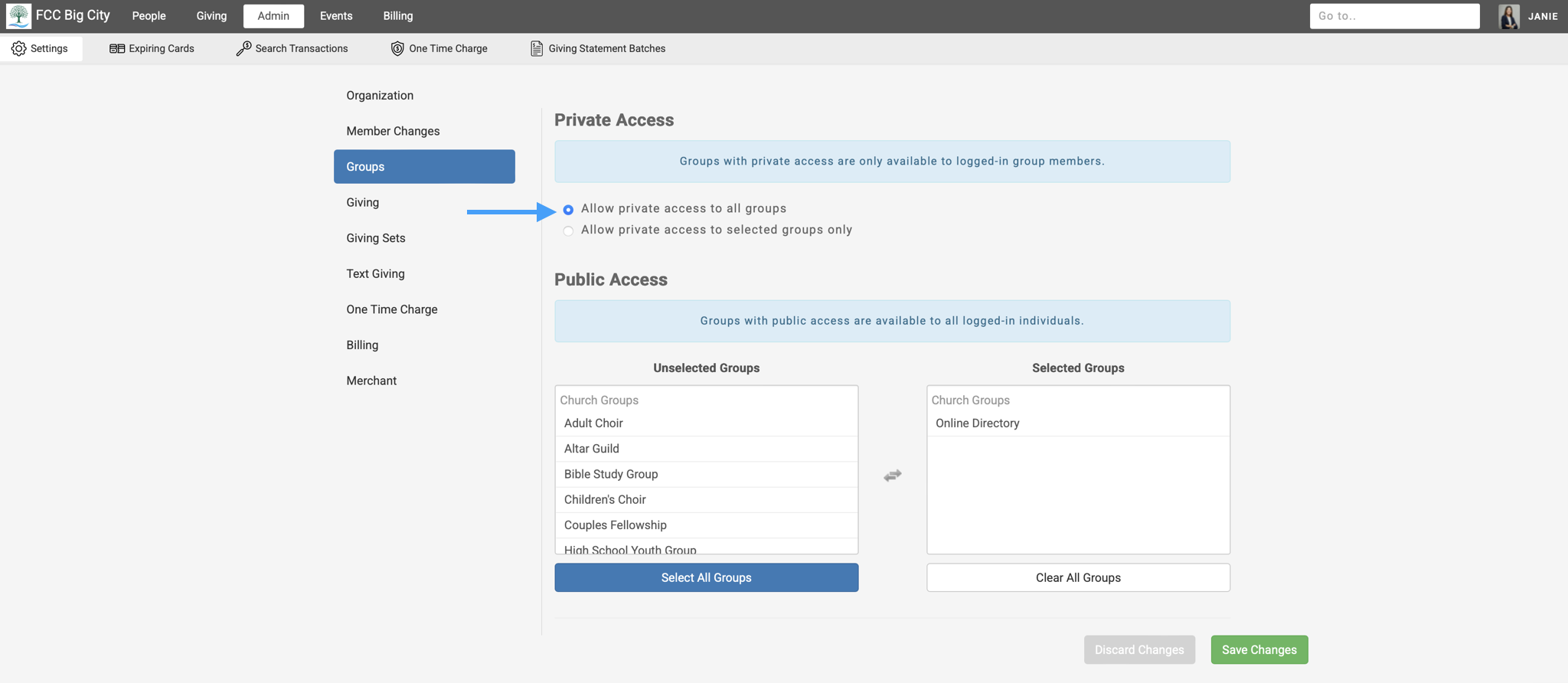 Engage Groups setting page with an arrow pointing to the first radio button that states, Allow private access to all groups.