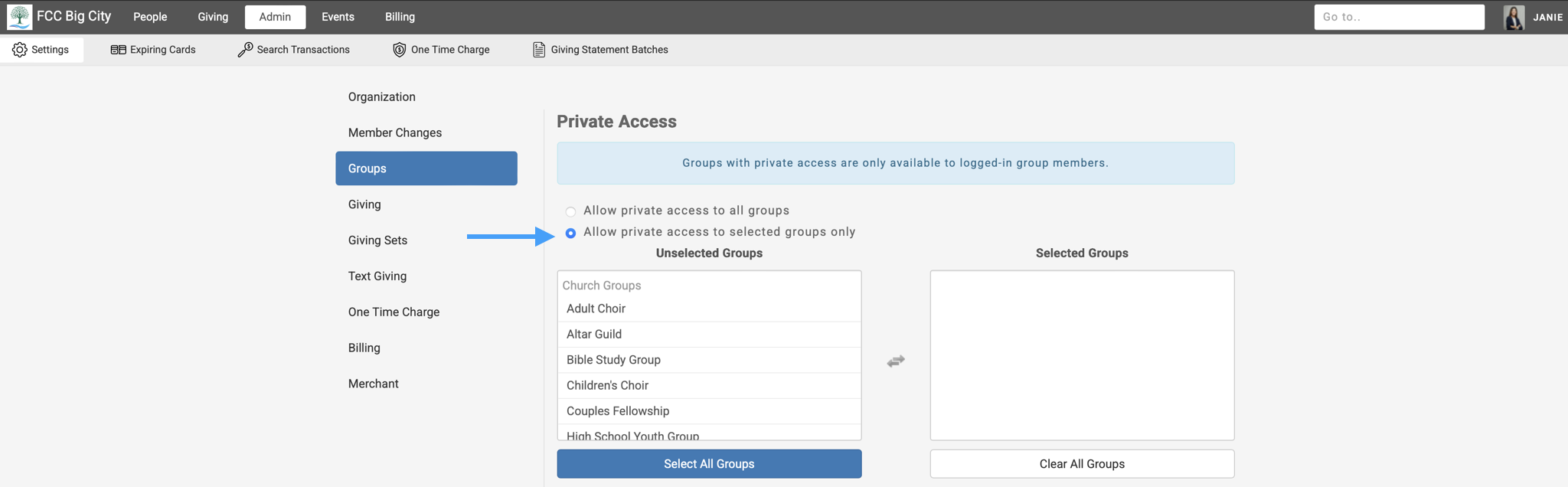 Engage Groups setting page with an arrow pointing to the second radio button that states, Allow private access to selected groups only.