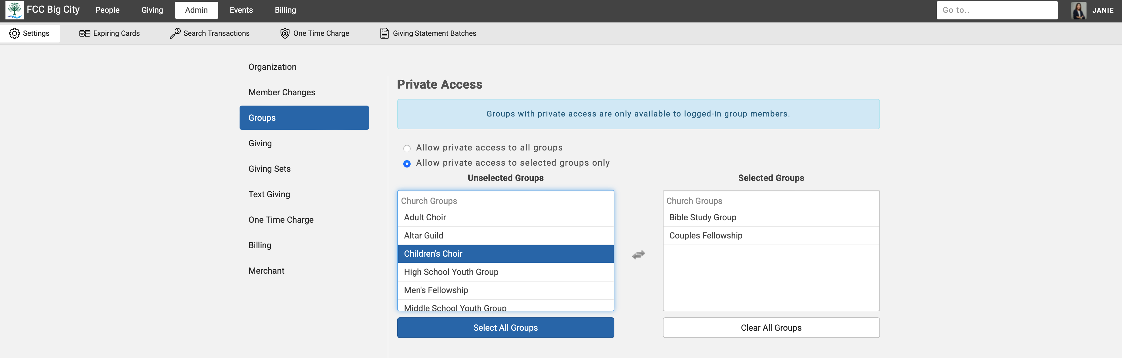 Engage Groups settings page showing the Unselected Groups and Selected Groups columns.