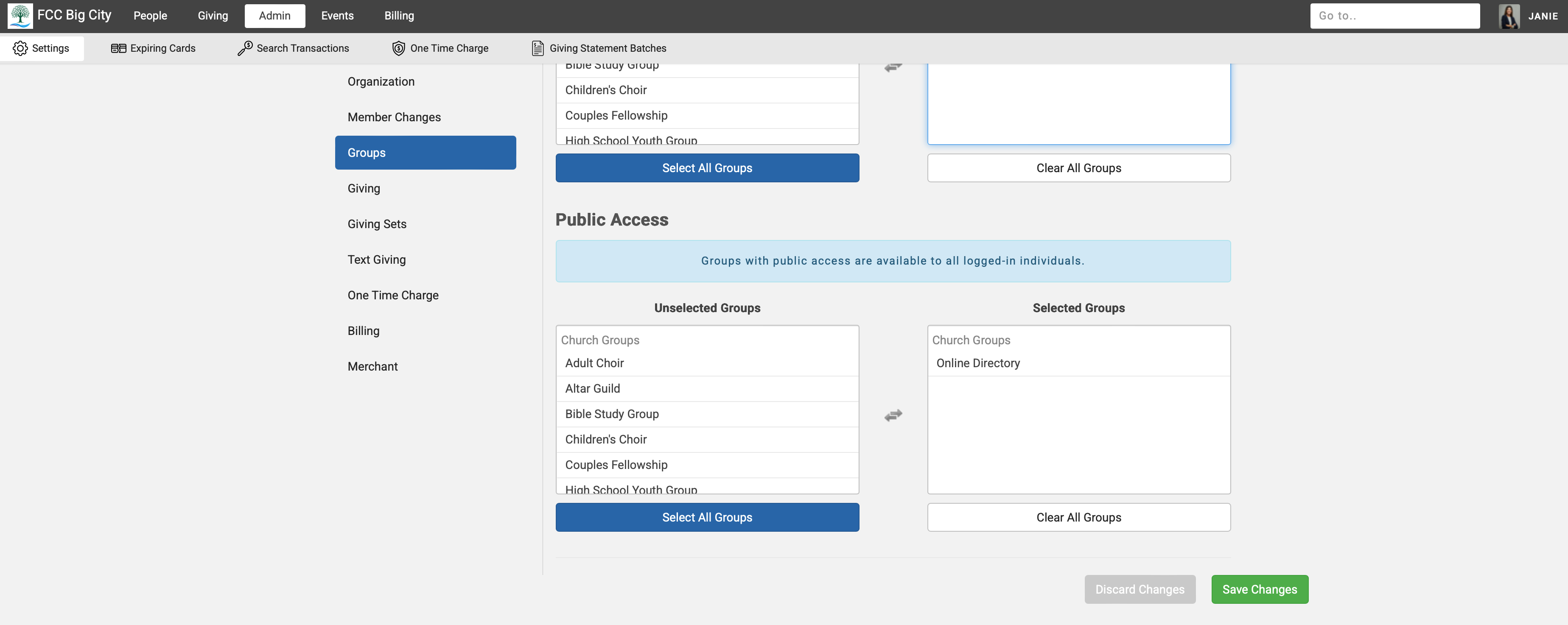 Engage Group settings page showing the Save Changes button.