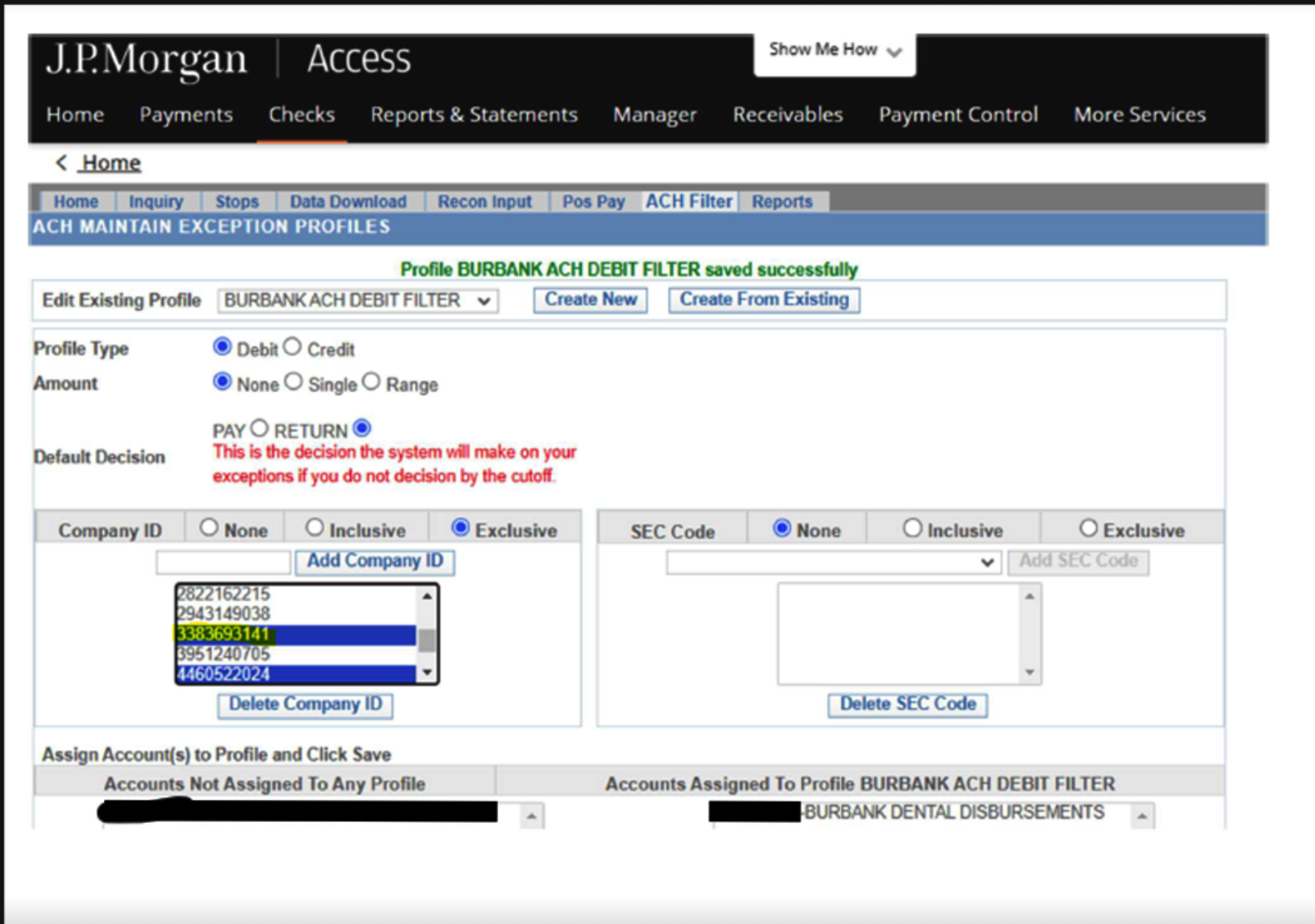 Example of a screenshot for a bank fraud filter.
