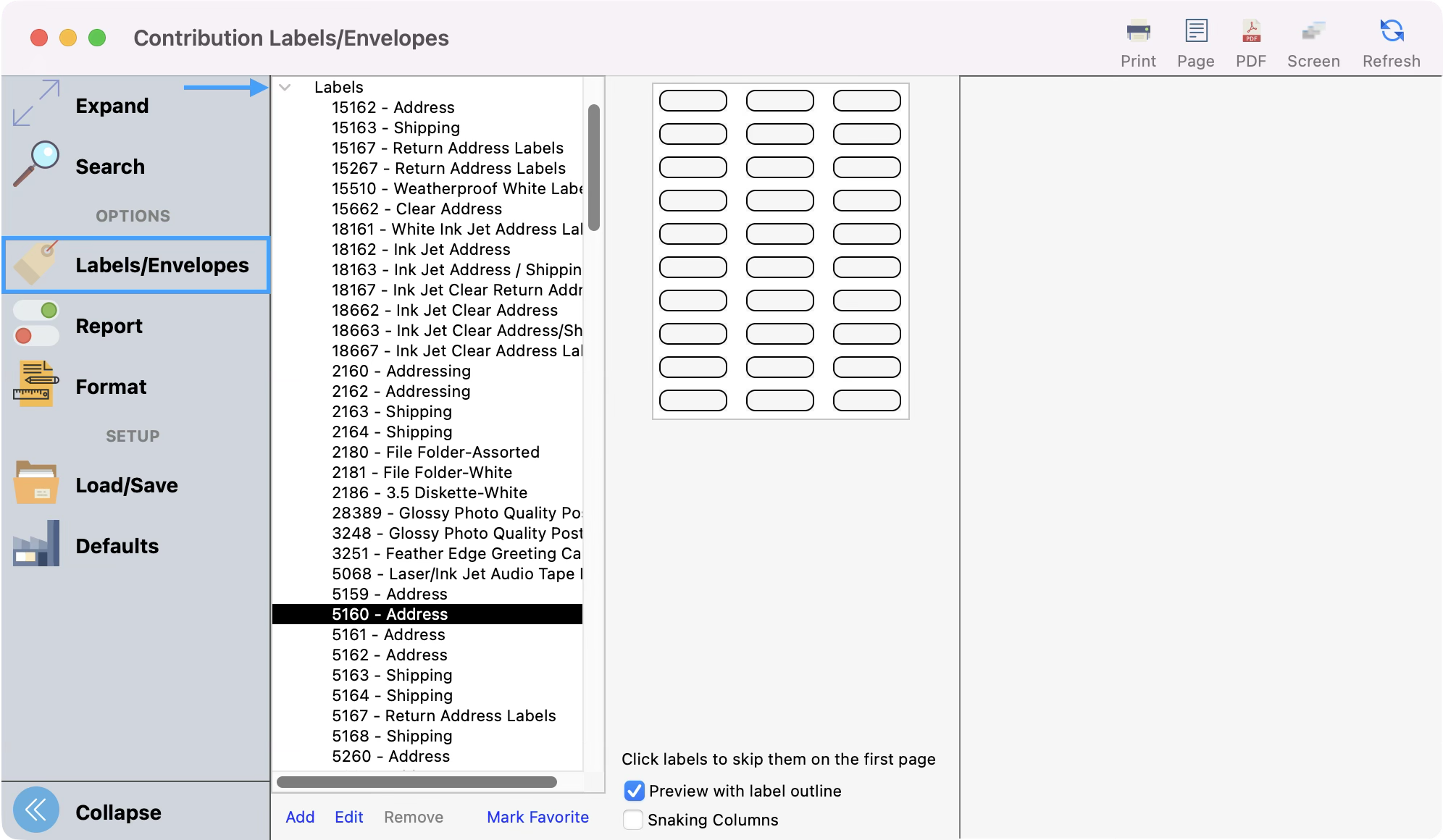 Labels and Envelopes window under the Labels Envelope tab with an arrow pointing to the labels arrow. 