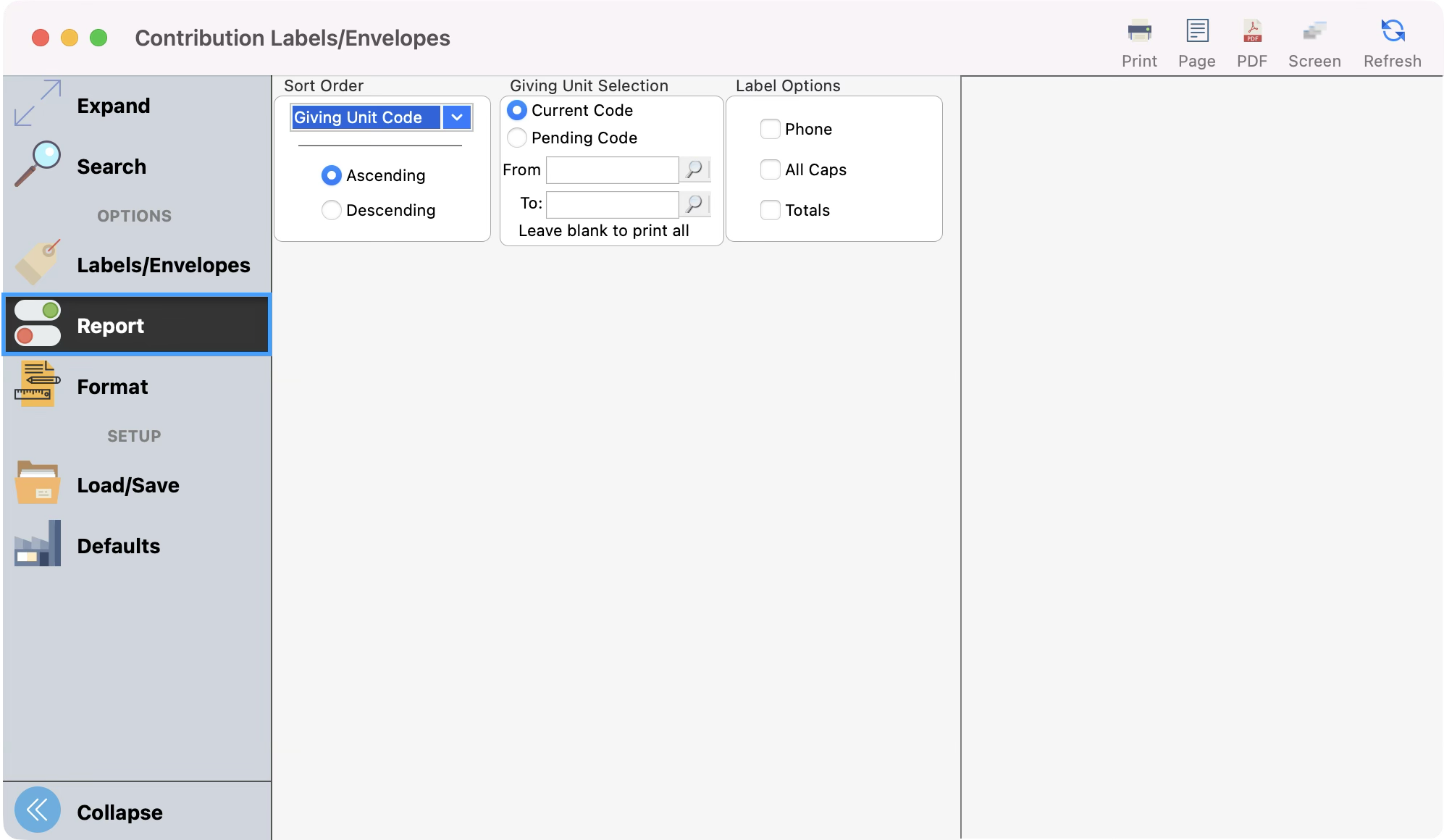Labels and Envelopes window with the report tab highlighted. 