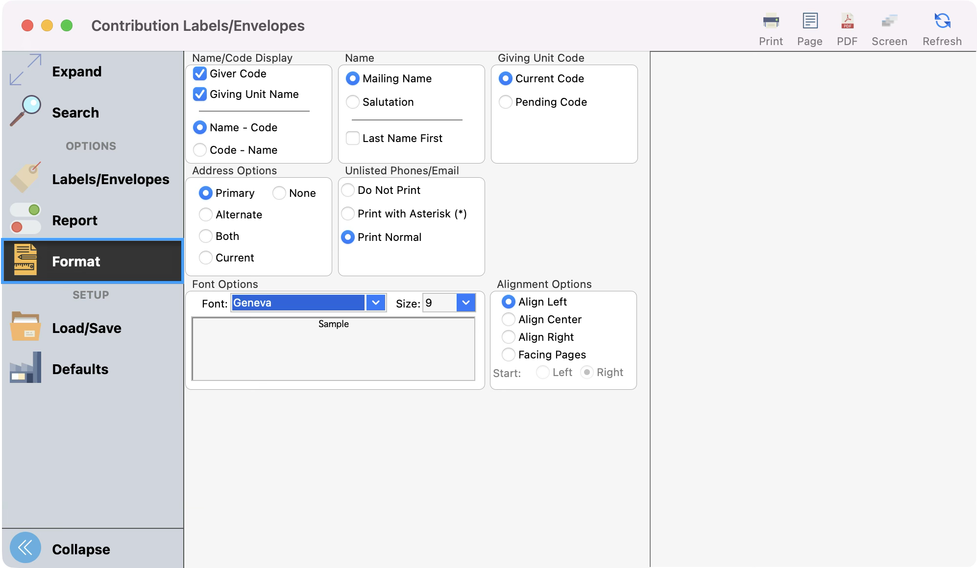 Labels and Envelopes window with the Format menu highlighted. 