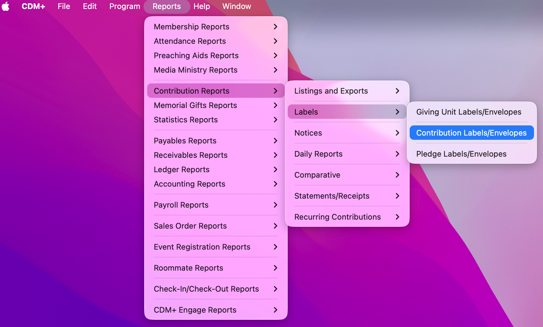 Navigation to Contribution Labels or Envelopes.