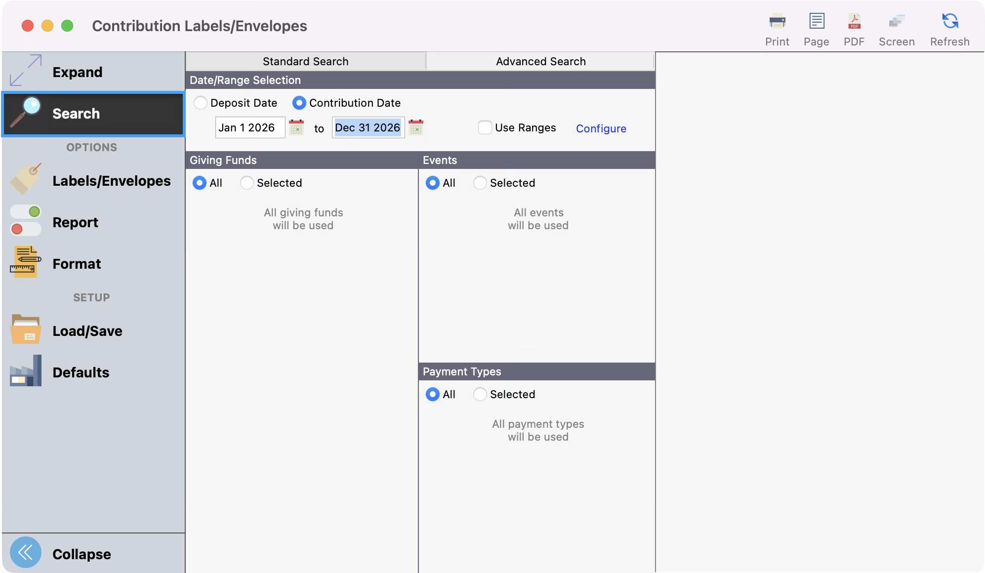 Labels and Envelopes window under the Search tab. 