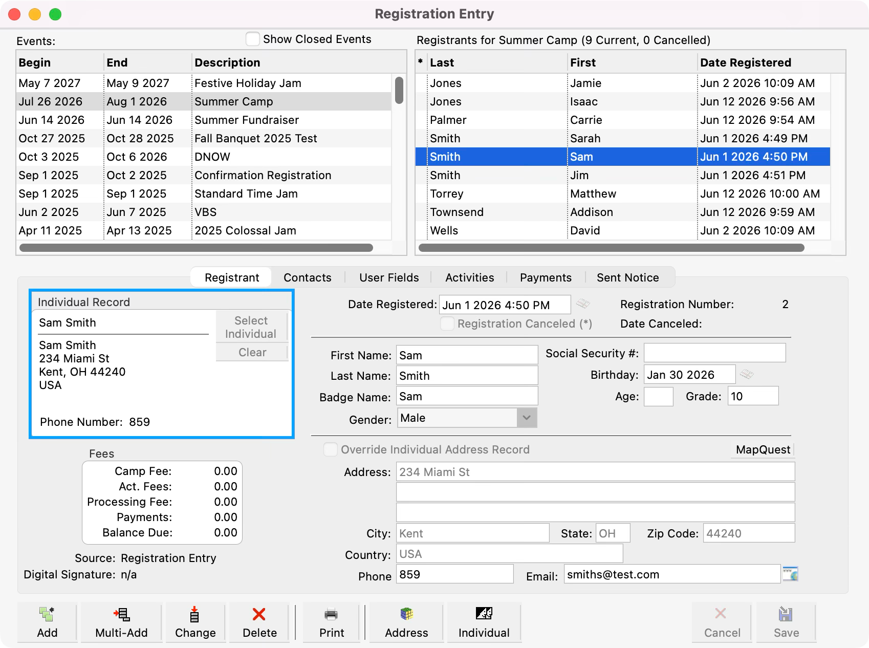 Registration Entry window with the Individual record pane highlighted.