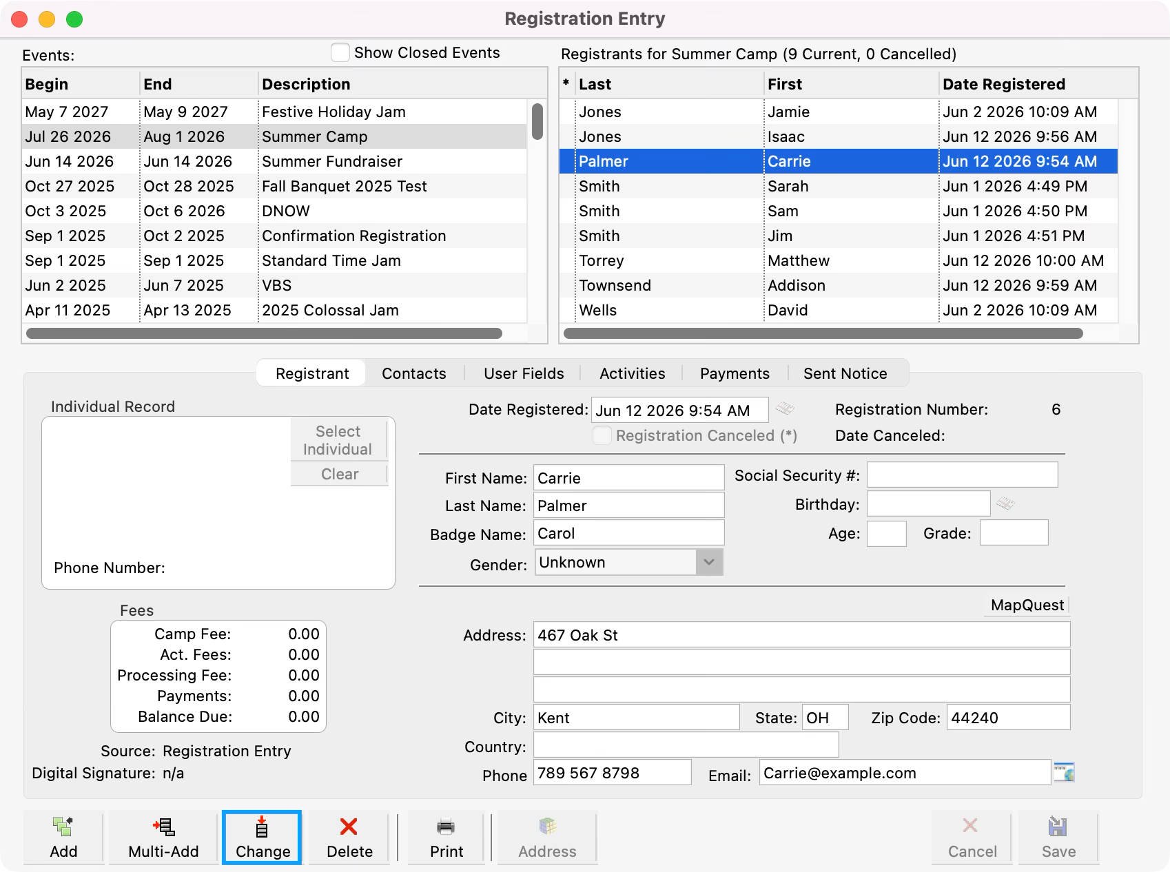 Registration Entry window with an event and registrant selected and the change button highlighted.