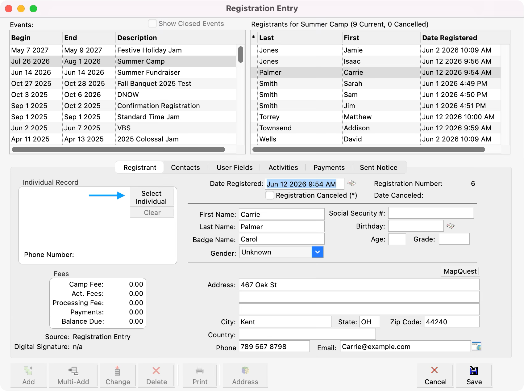 The Registration Entry window with an arrow pointing to Select Individual. 