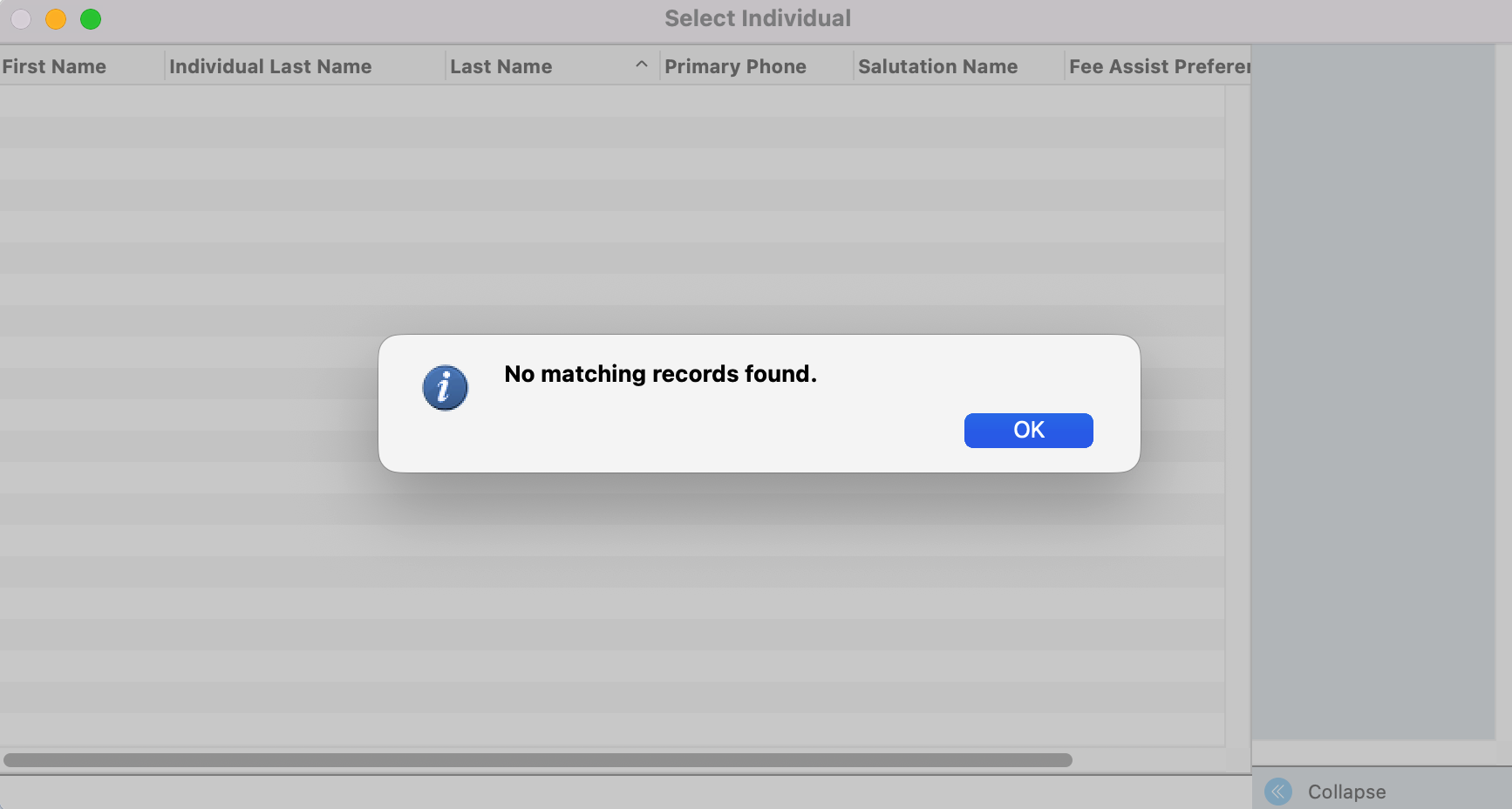 Select Individual records window with the no matching records found pop-up.