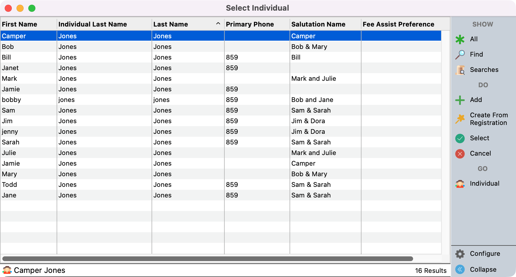 The Select individual records window with a list of potential records to tie to the registrant. 