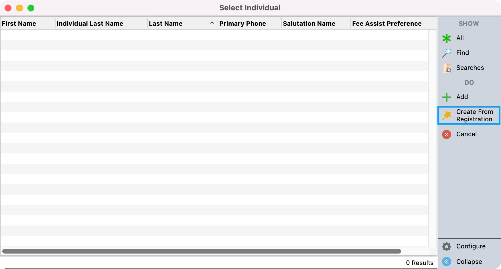 Select Individual record window with the Create from Registration button highlighted.