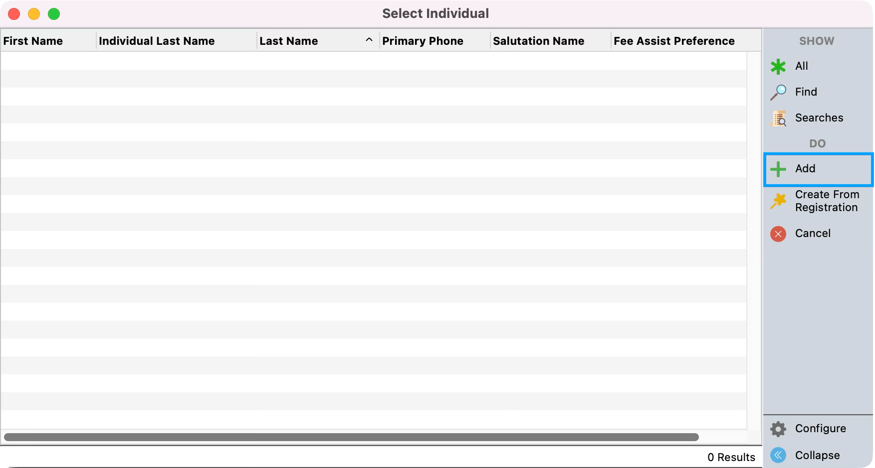 The Select Individual window with the add button highlighted. 