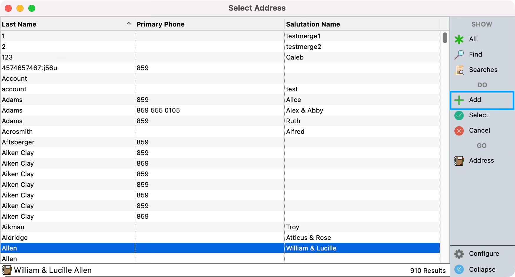 Select Address record window with Add button highlighted in the right sidebar. 