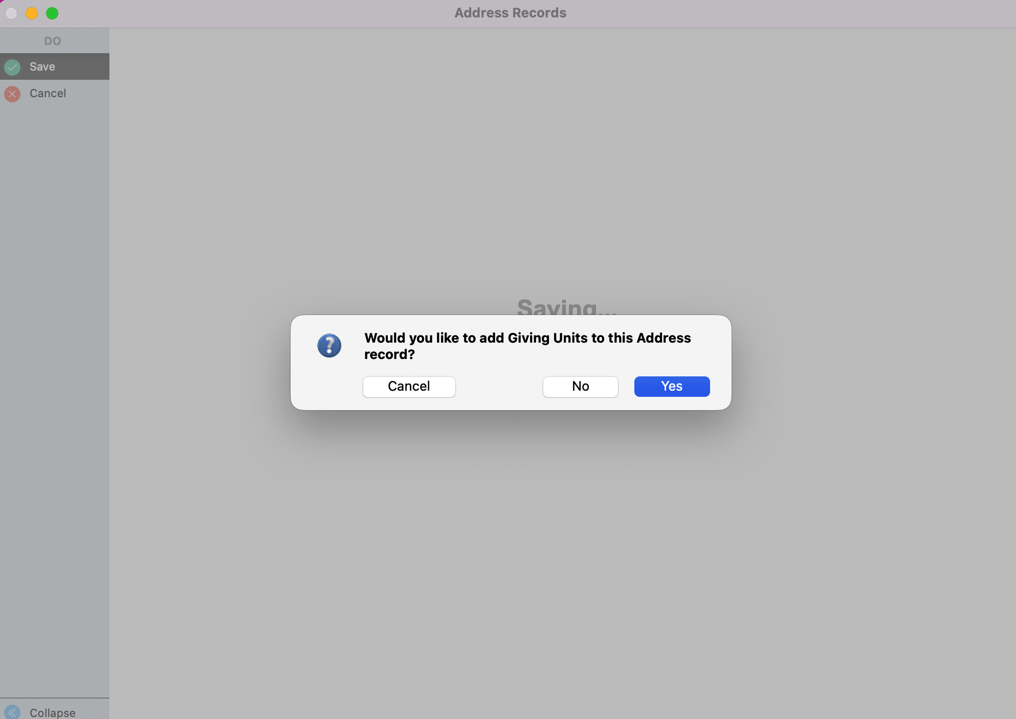 Window with the pop-up asking if you want to create a Giving Unit record. 