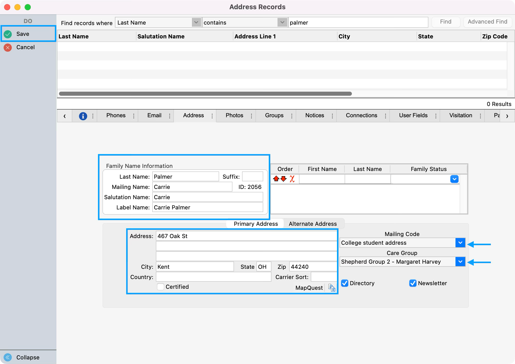 Address record window with several panes and fields highlighted. Save is highligted in the left sidebar. 