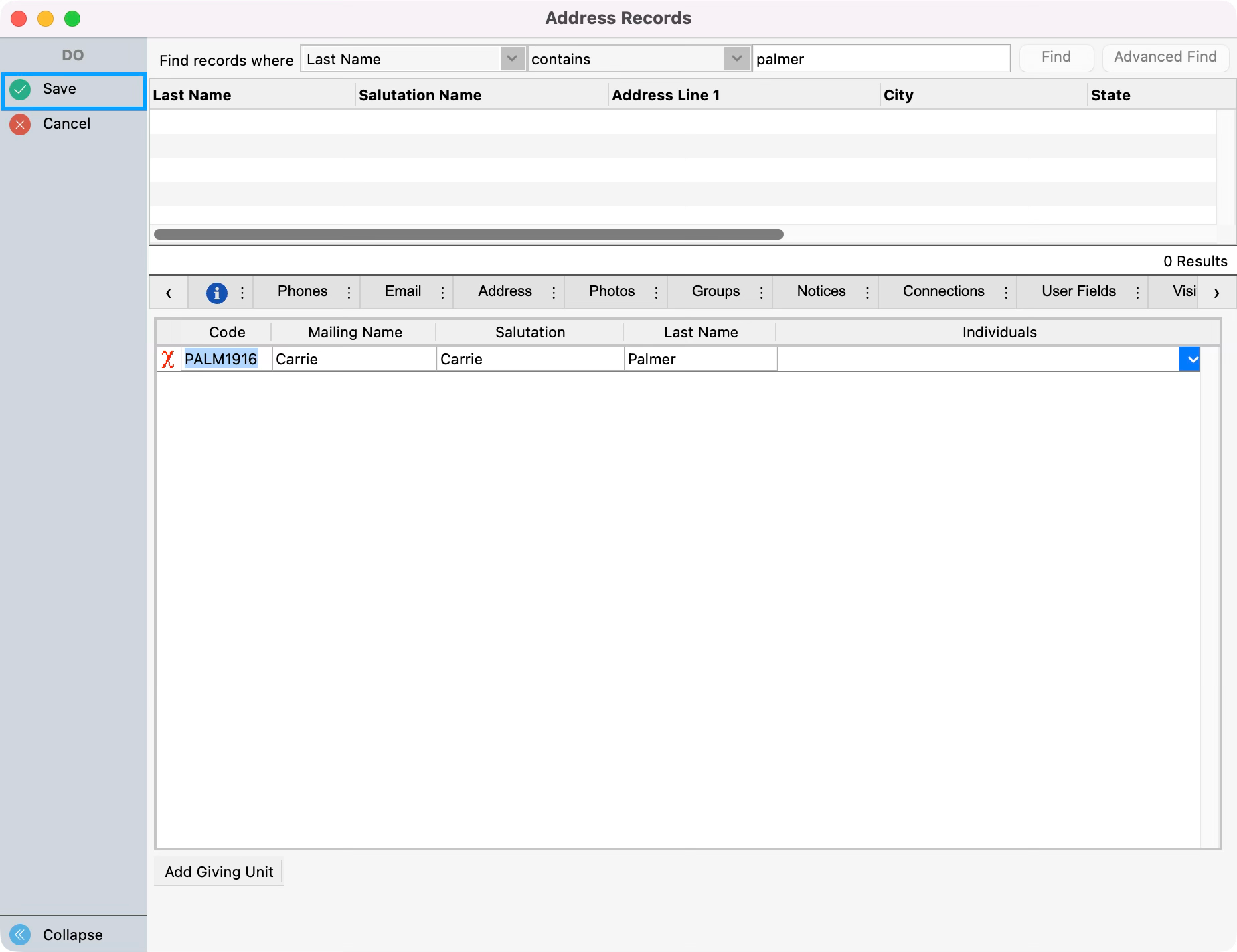 New Giving Unit being shown in the Address record. Save is highlighted in the left sidebar. 
