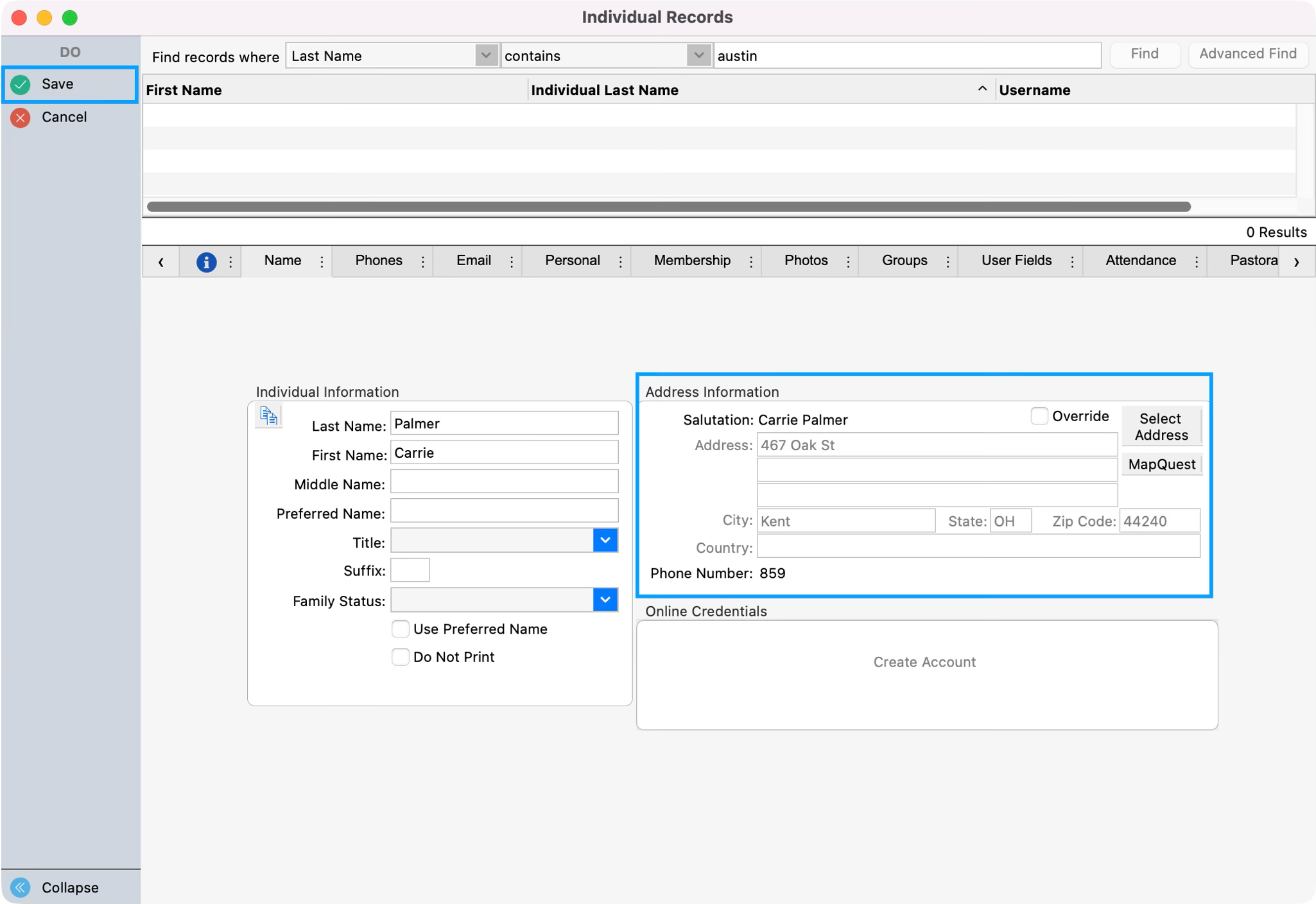 Individual record window with the Address Information and Save button highlighted.