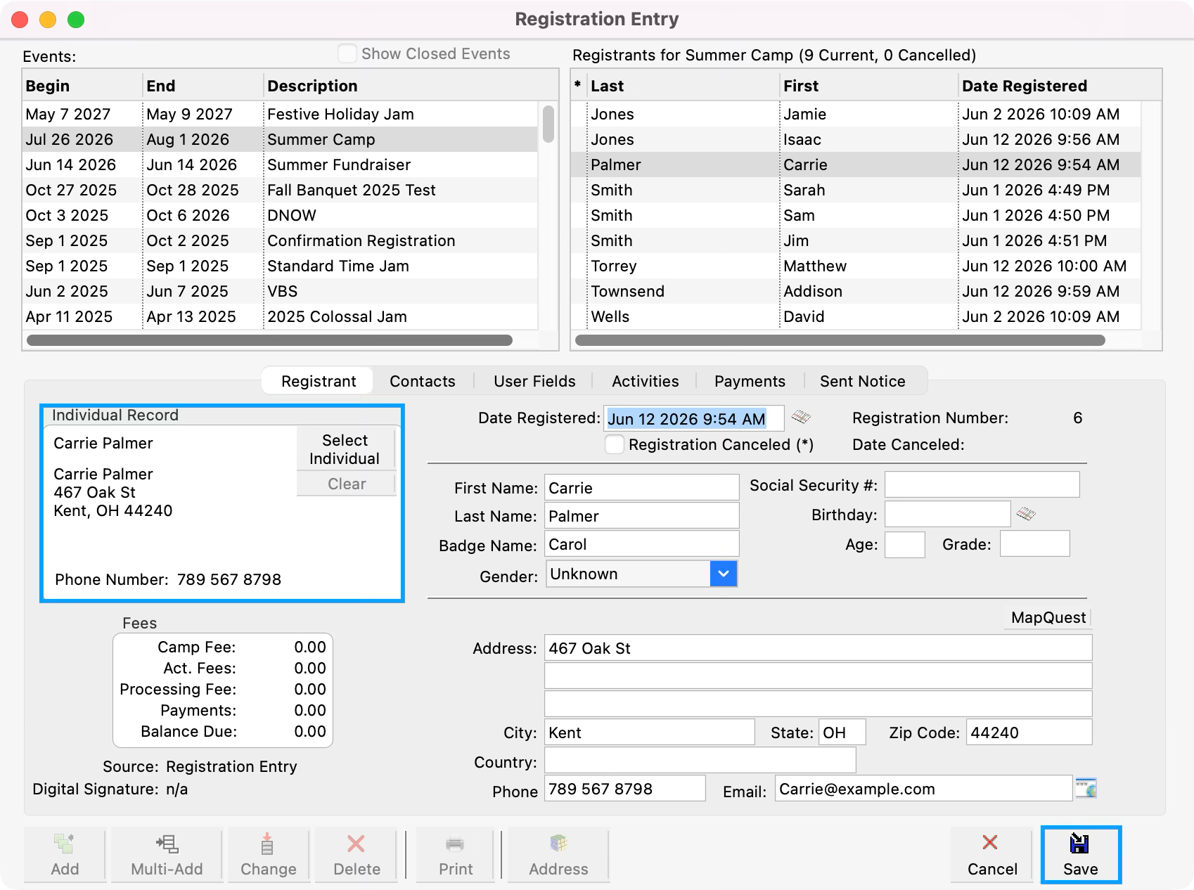 Registration Entry window with the Individual record and save button highlighted. 