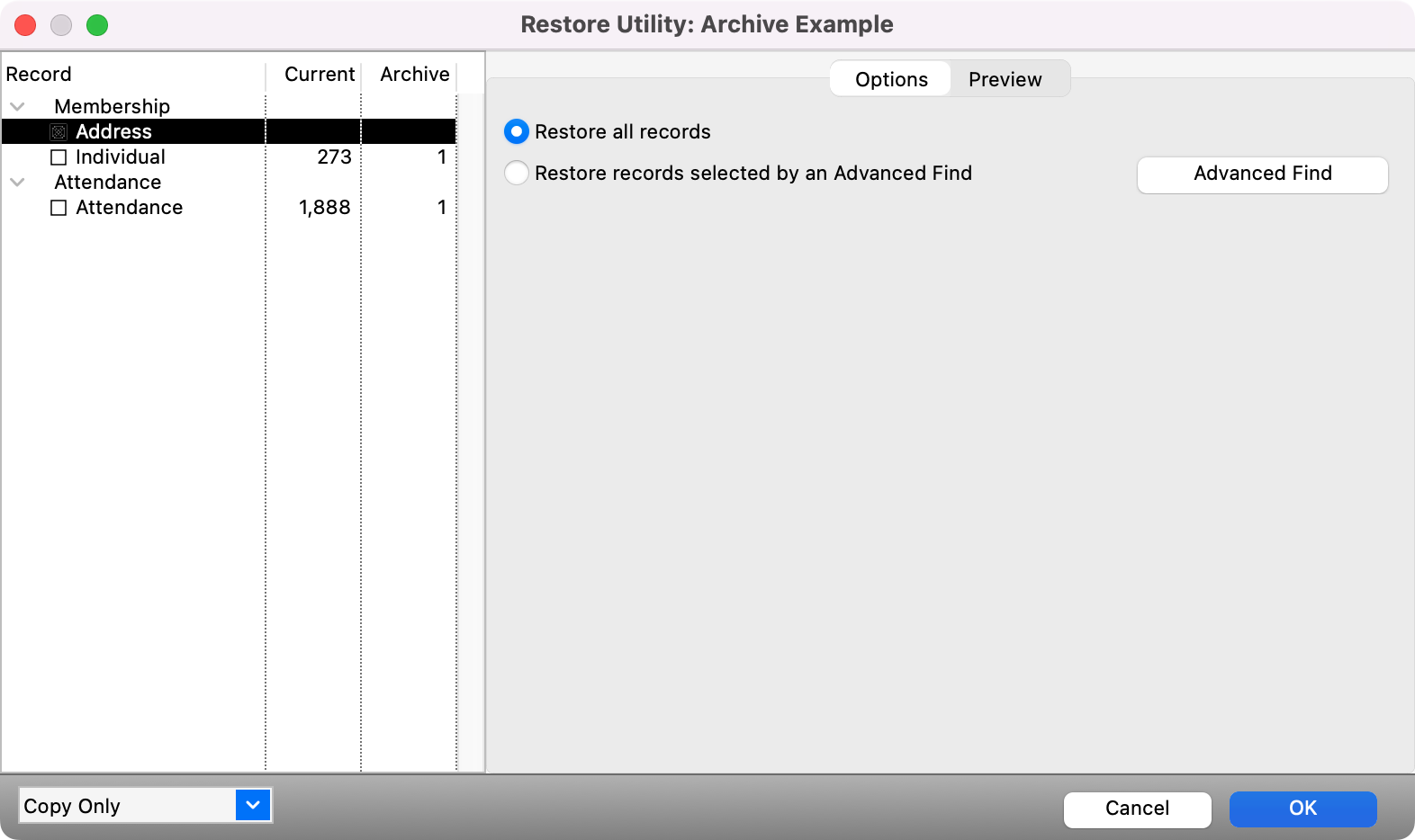 Restore Utility window with records in the left-hand side selected. 