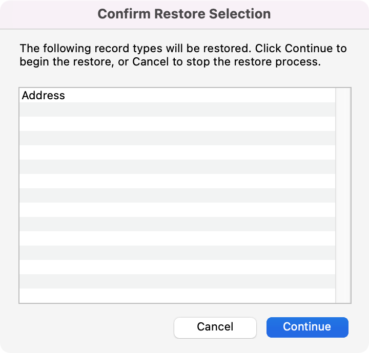 Confirm Restore Selection window.