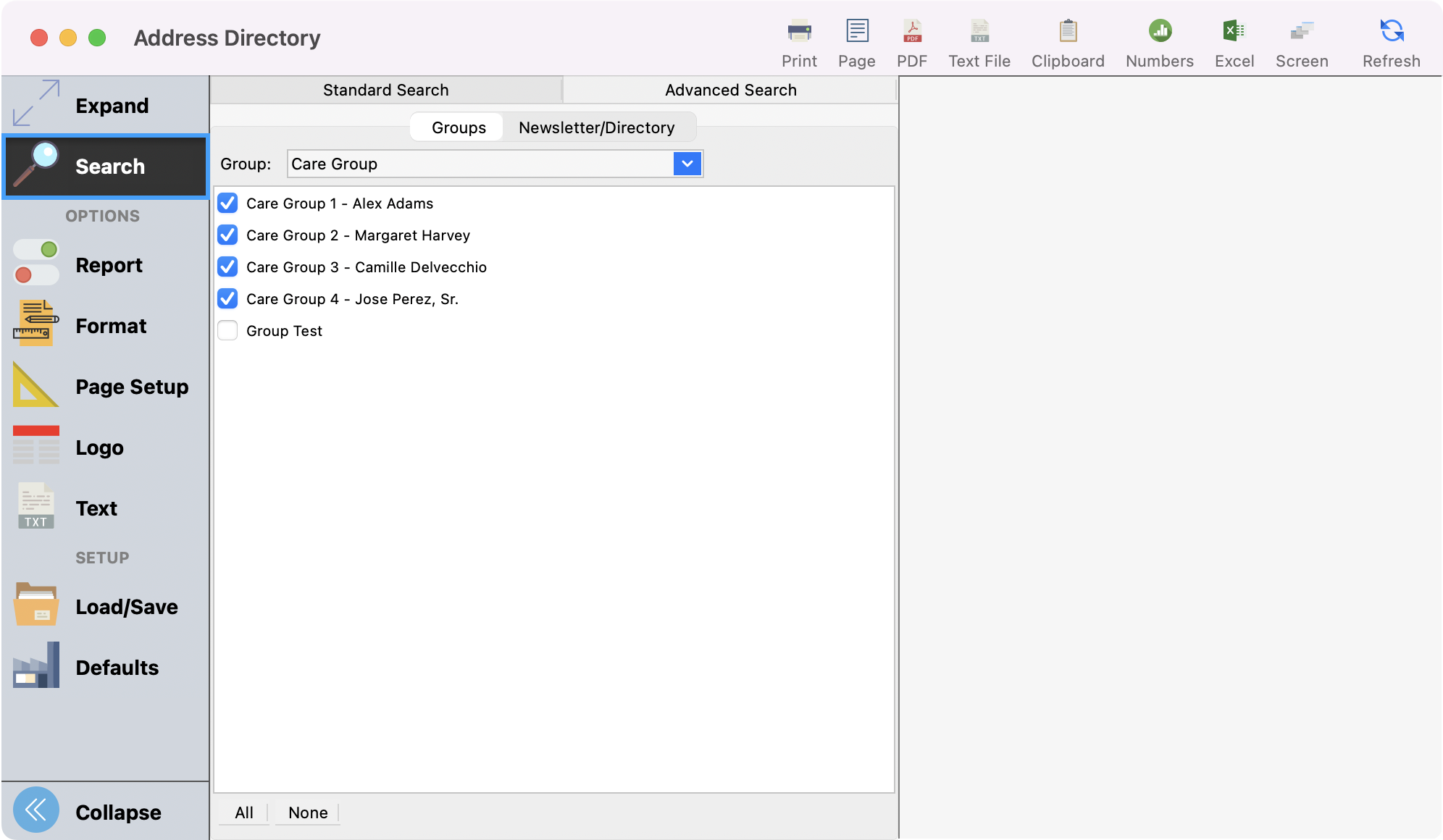 Address Directory window with Search highlighted in the left sidebar and check marks next to different groups