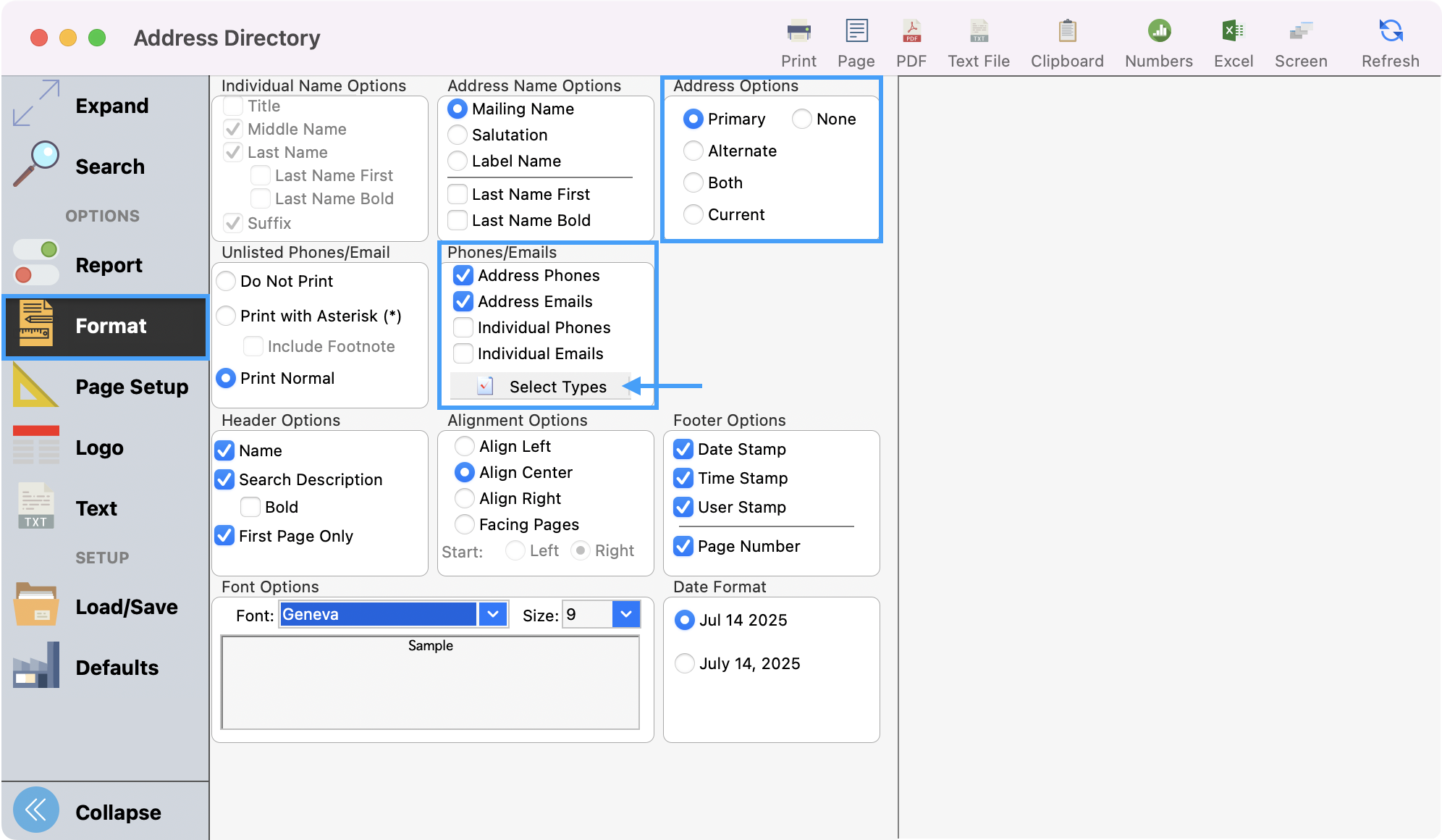 Address directories window with the Format window highlighted in the left sidebar.