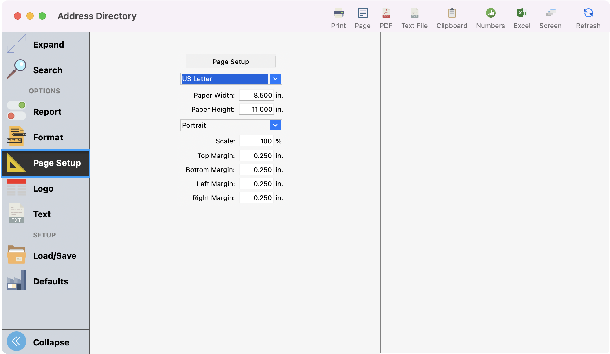 Picure of Address directory window with page setup highlighted in the left sidebar.