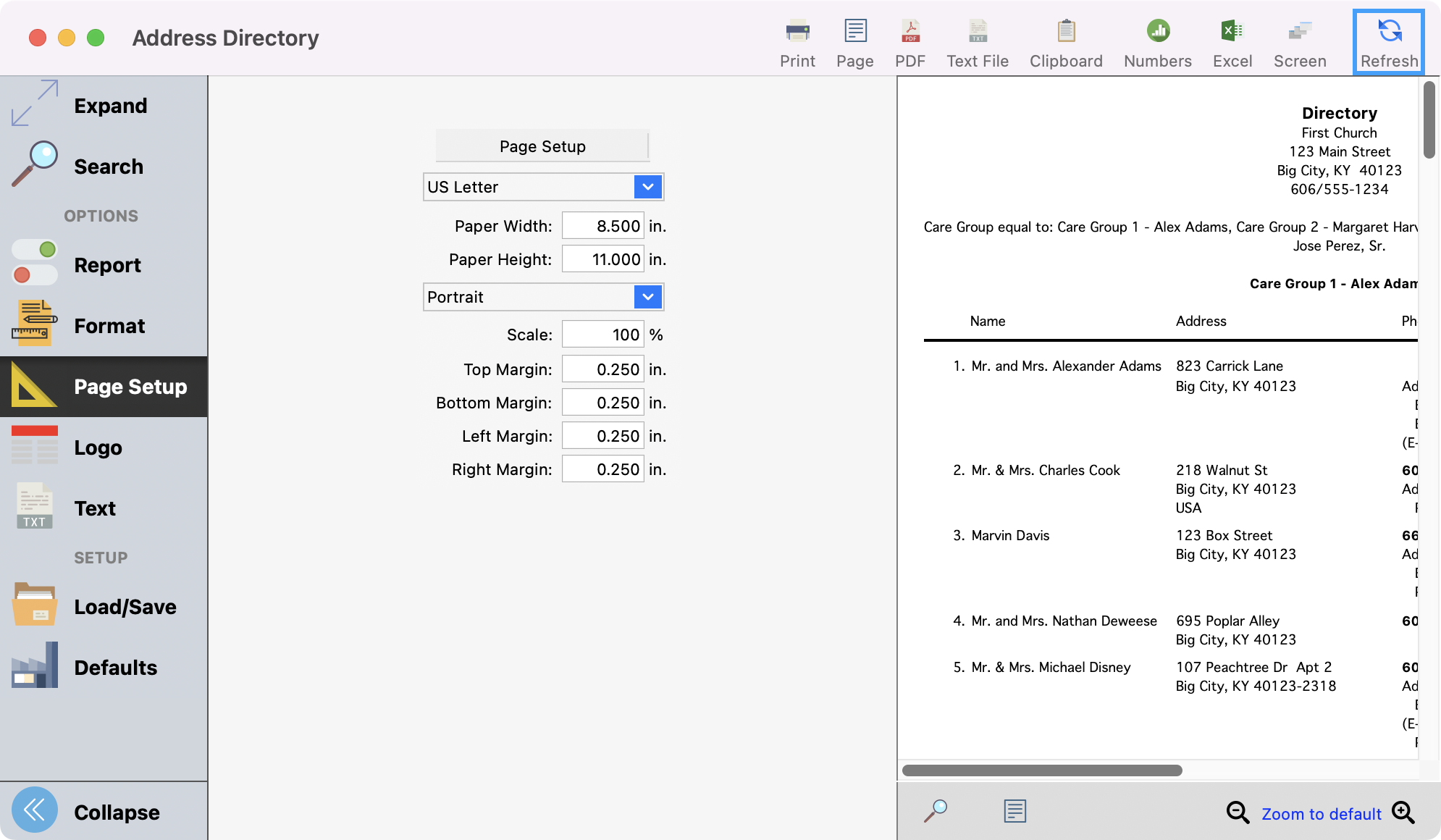 Address Directory window with Refresh highlighted in the upper right-hand corner.