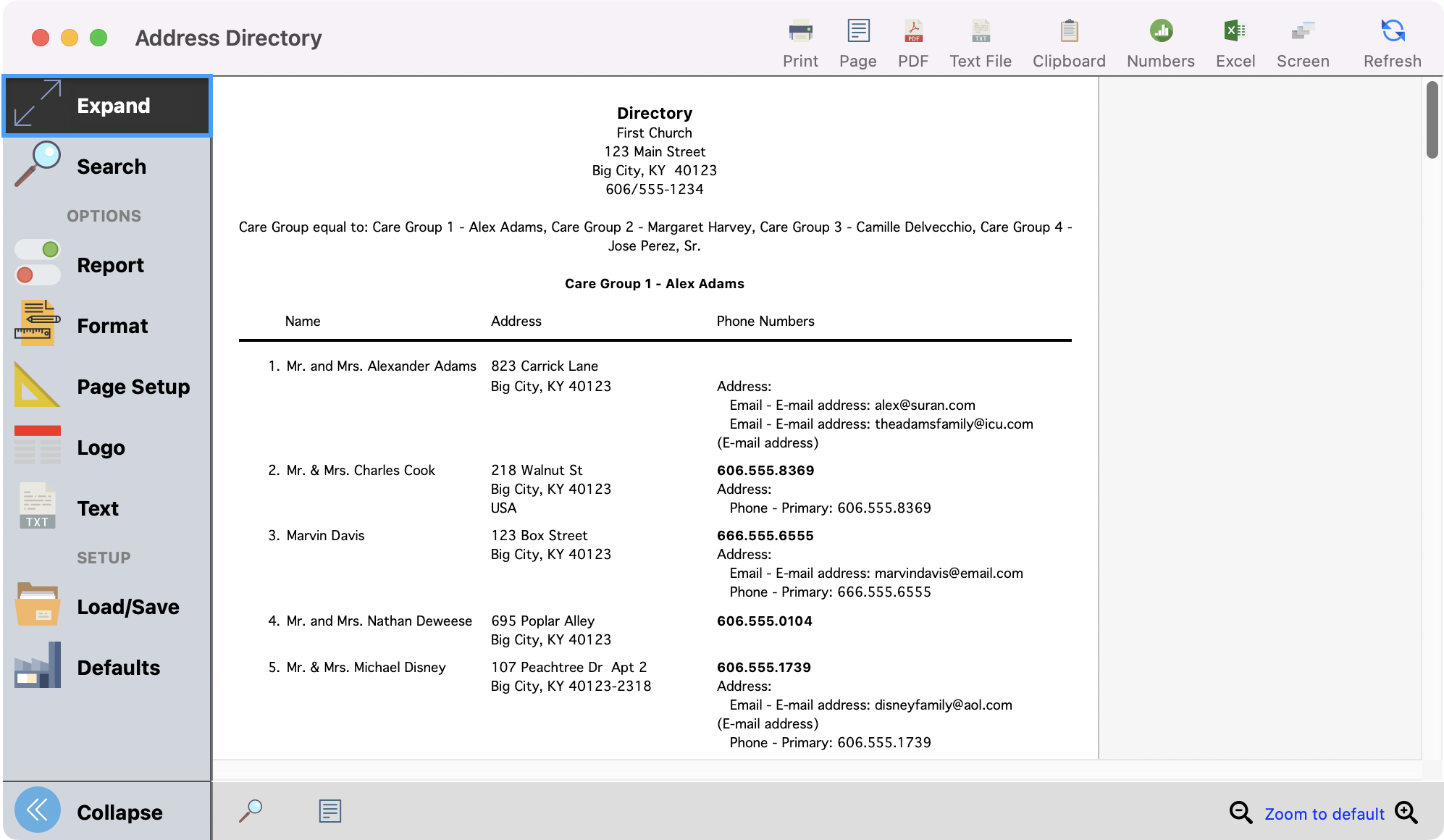 Address directory window with the expand menu highlighted in the left sidebar.