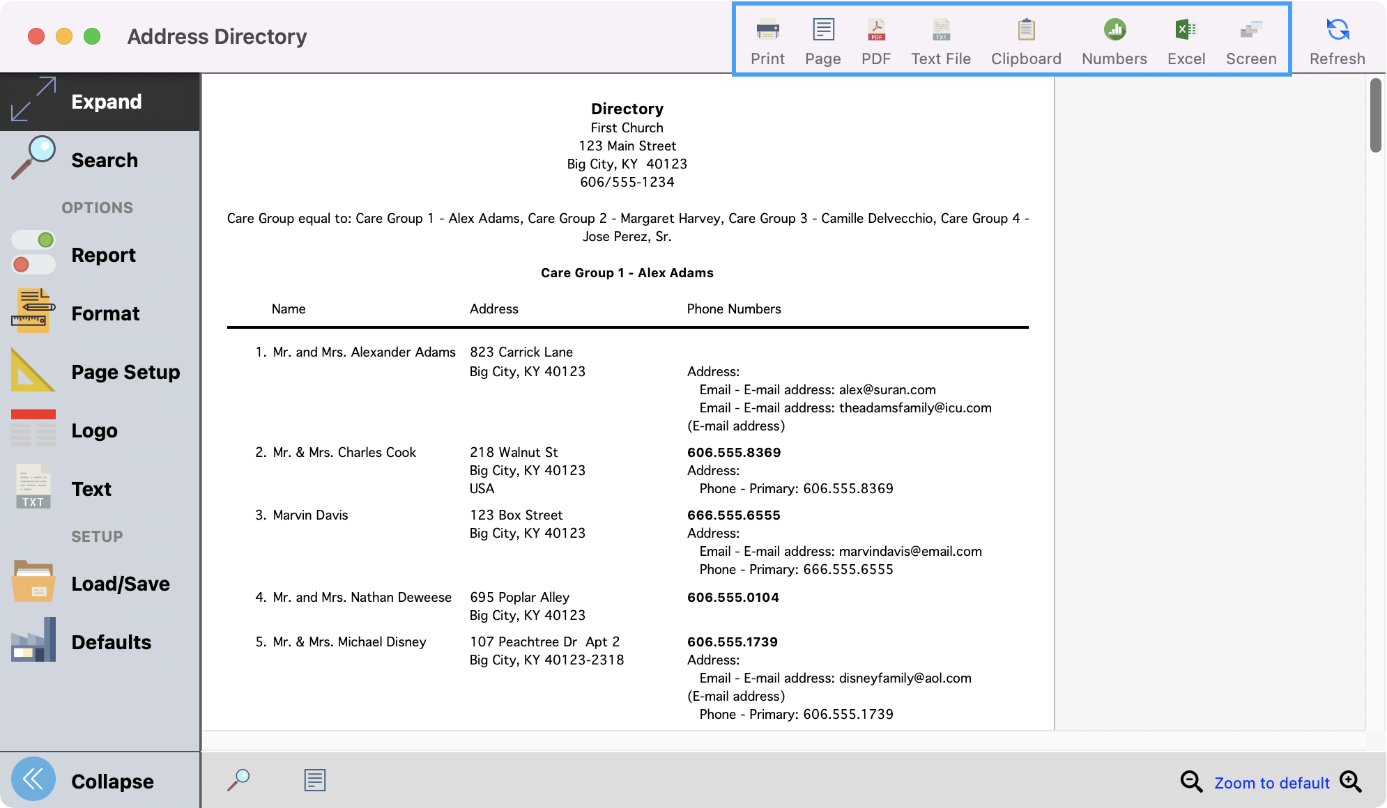 Address directory window highlighting the print and export options. 