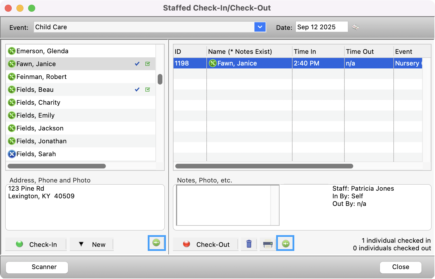 Staffed Check-In Check-Out window with the green arrows highlighted. 