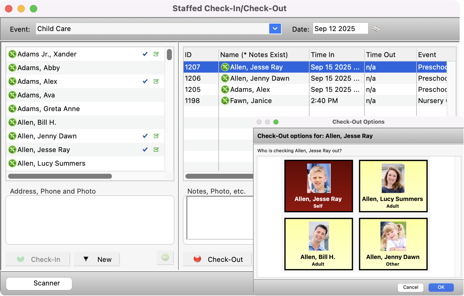 Check-out options window showing the list of people who can check out the person you selected.