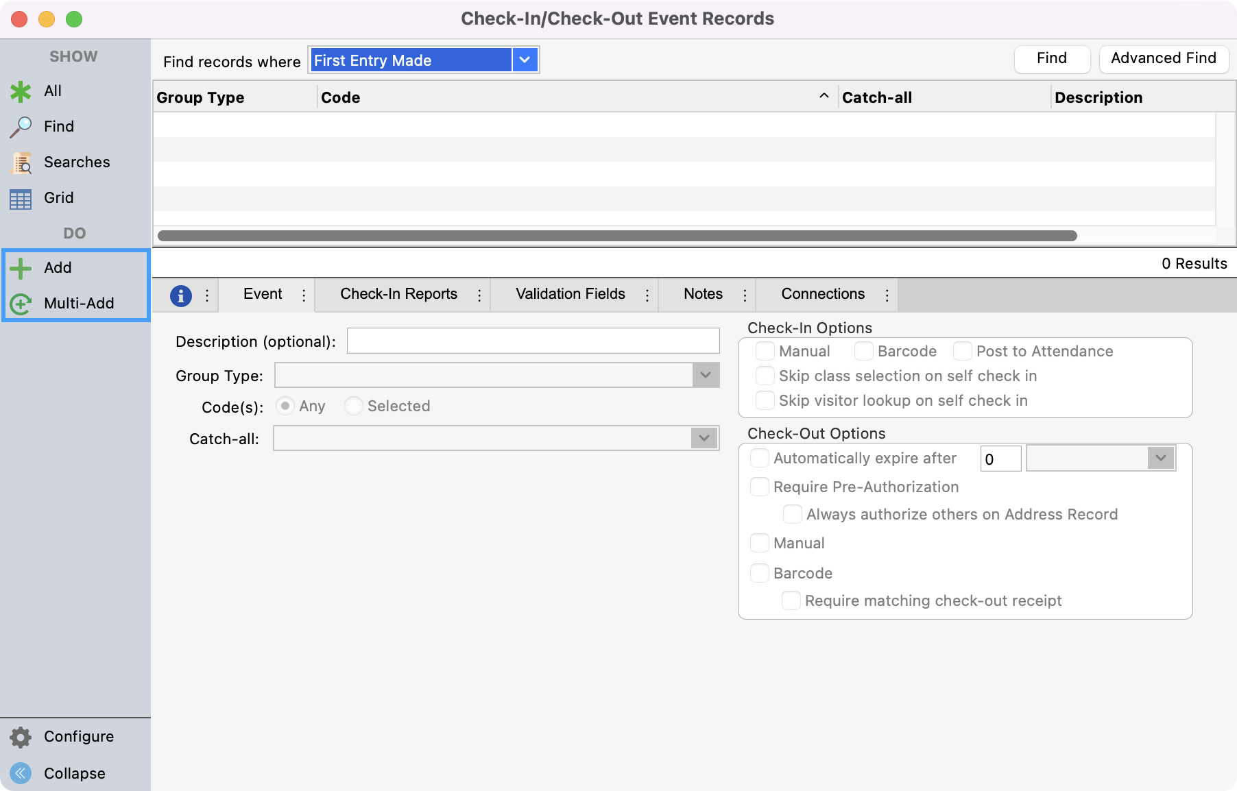 Check-In Check-Out Event Records window with Add and Multi-Add highlighted.