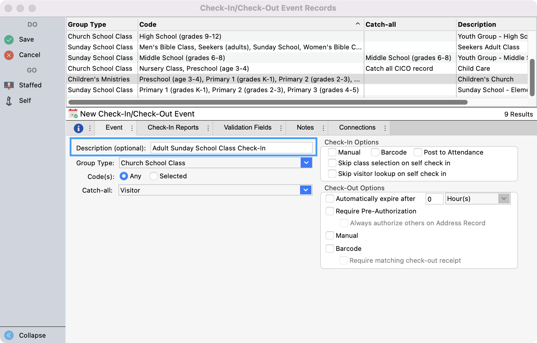 Check-In Check-Out Event Records window with the description field highlighted.