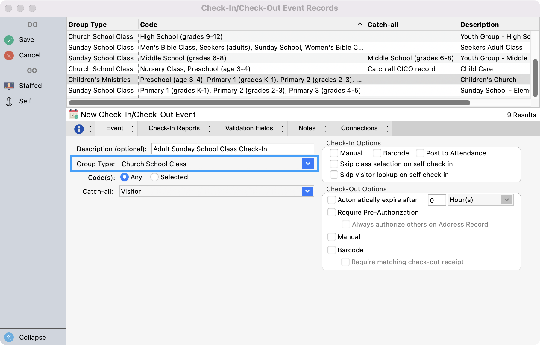 Check-In Check-Out Event Records window with Group Type highlighted.