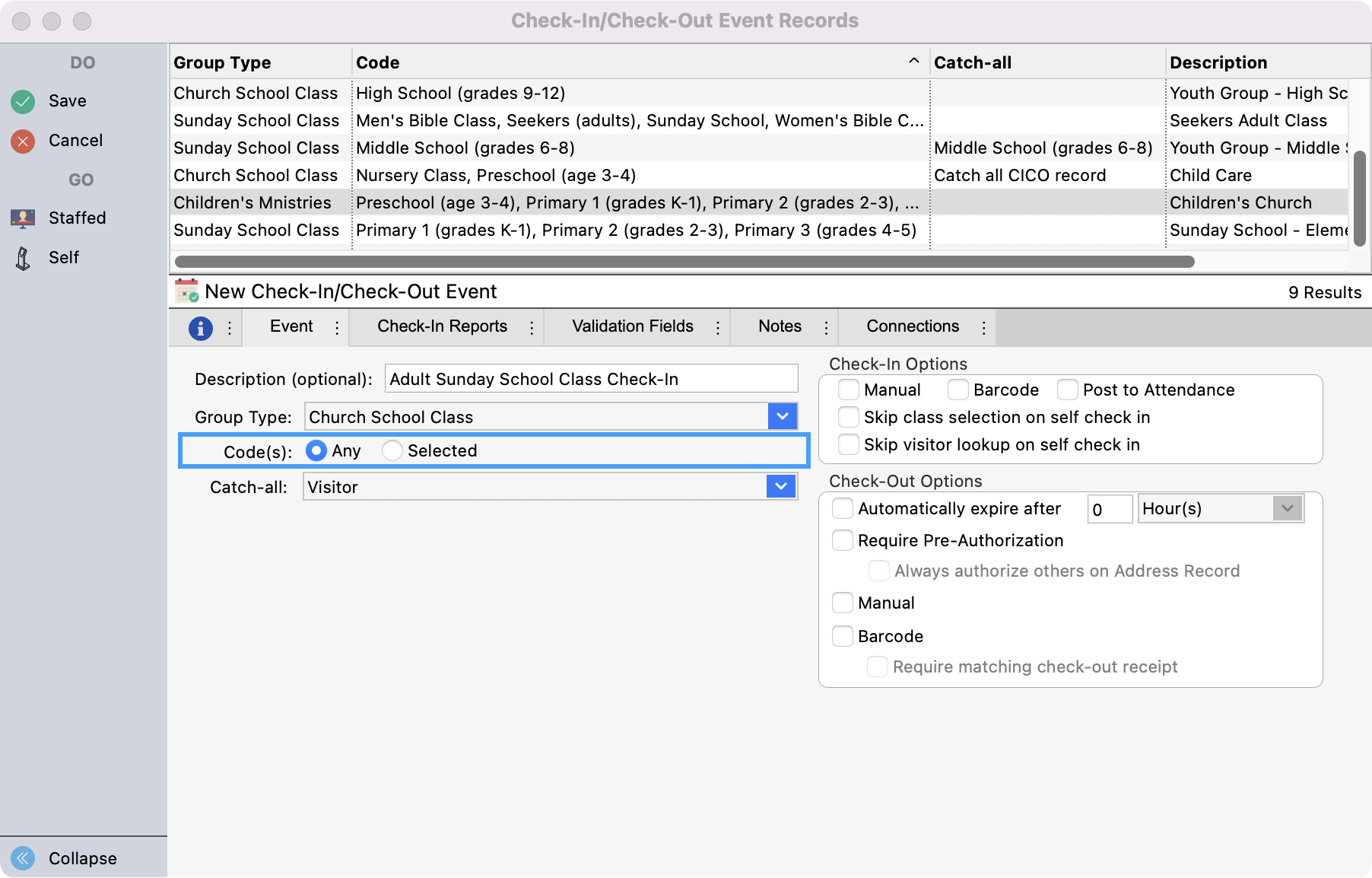 Check-In Check-Out Event Records window with the Codes(s) field highlighted.