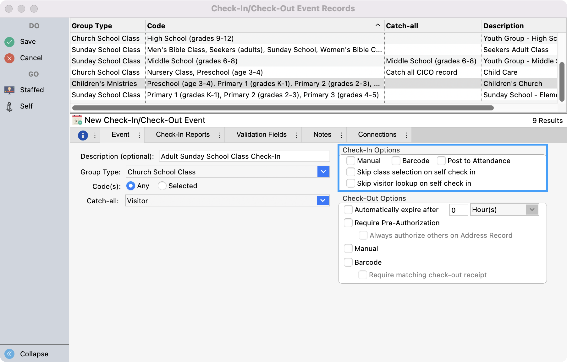 Check-In Check-Out Event Records window with Check-In options highlighted.