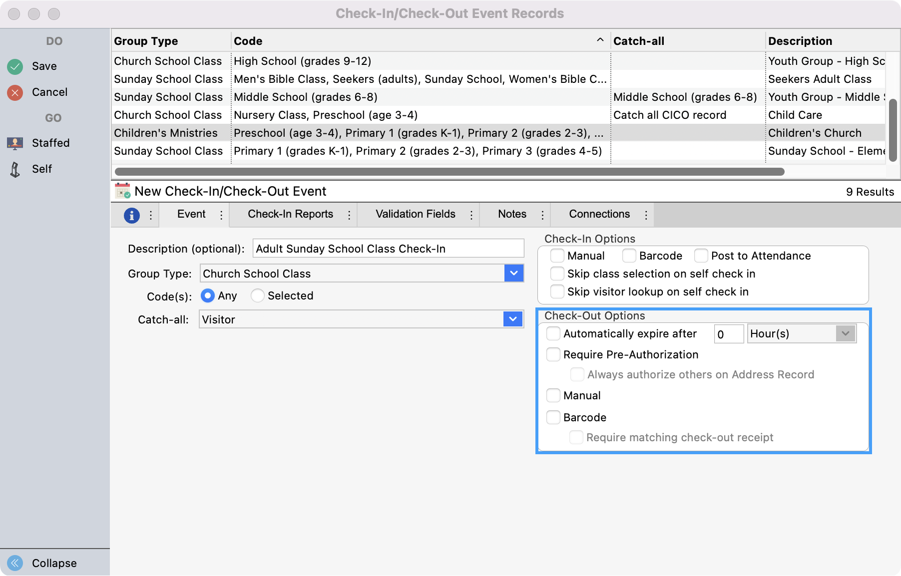 Check-In Check-Out Event Records window with Check-Out options.