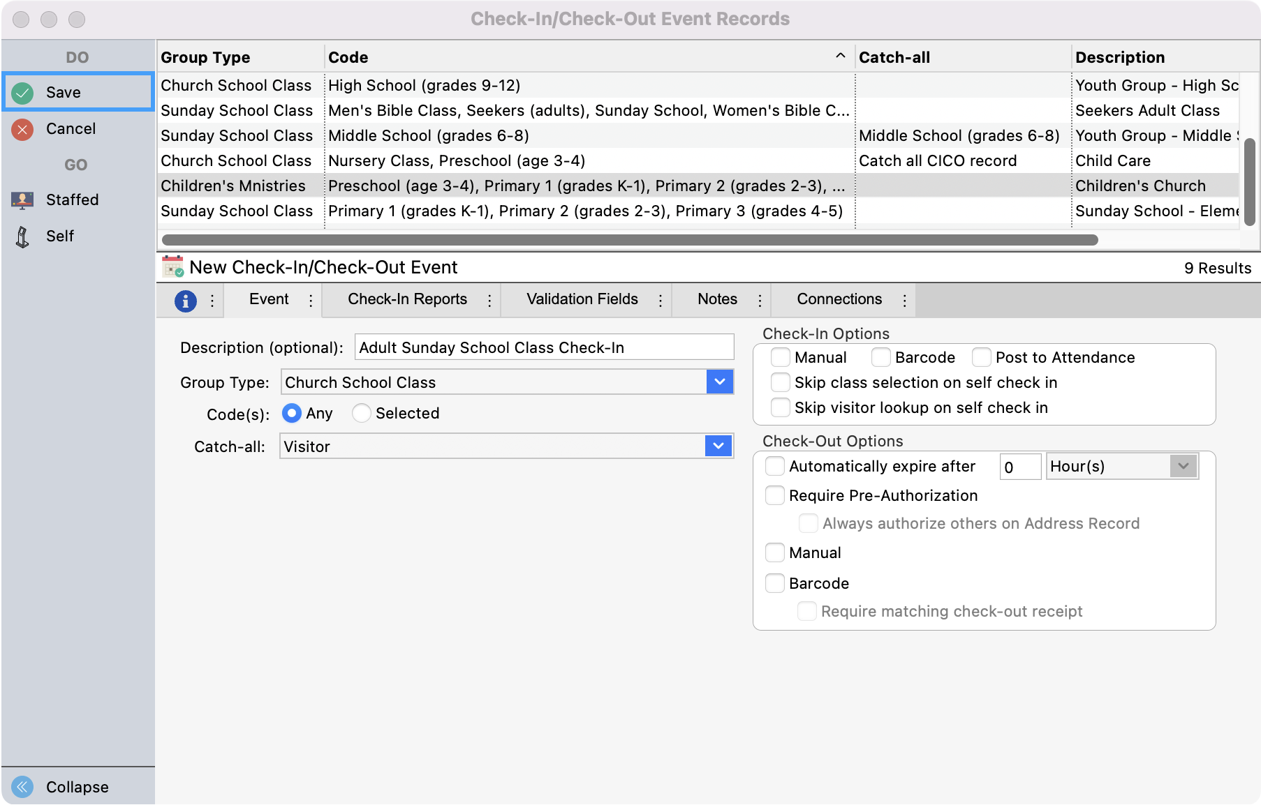 Check-In Check-Out Event Records window with Save highlighted.