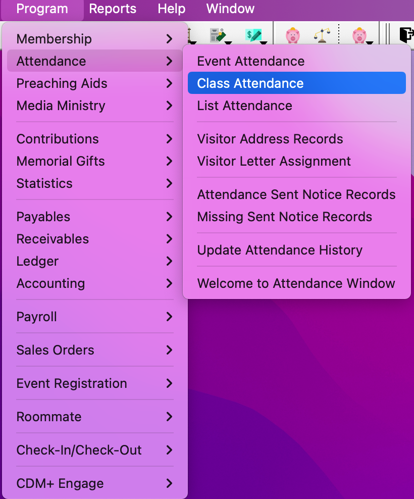 Navigation path to class attendance.