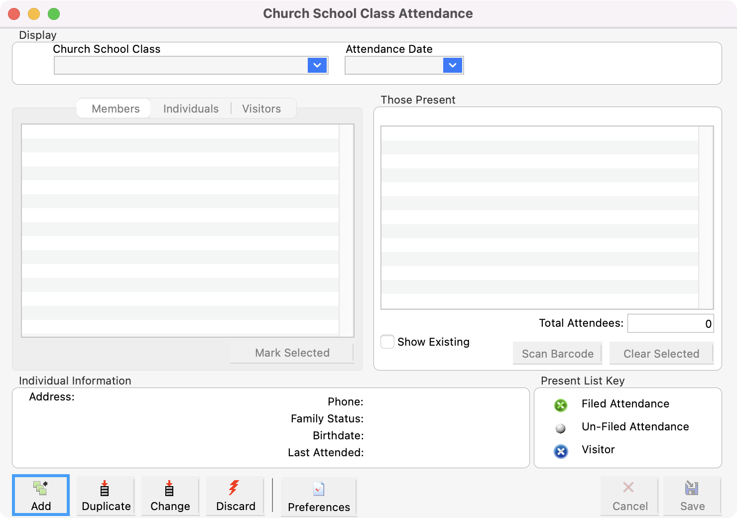 Church School Class Attendance window with the Add button highlighted in the bottom left-hand corner. 