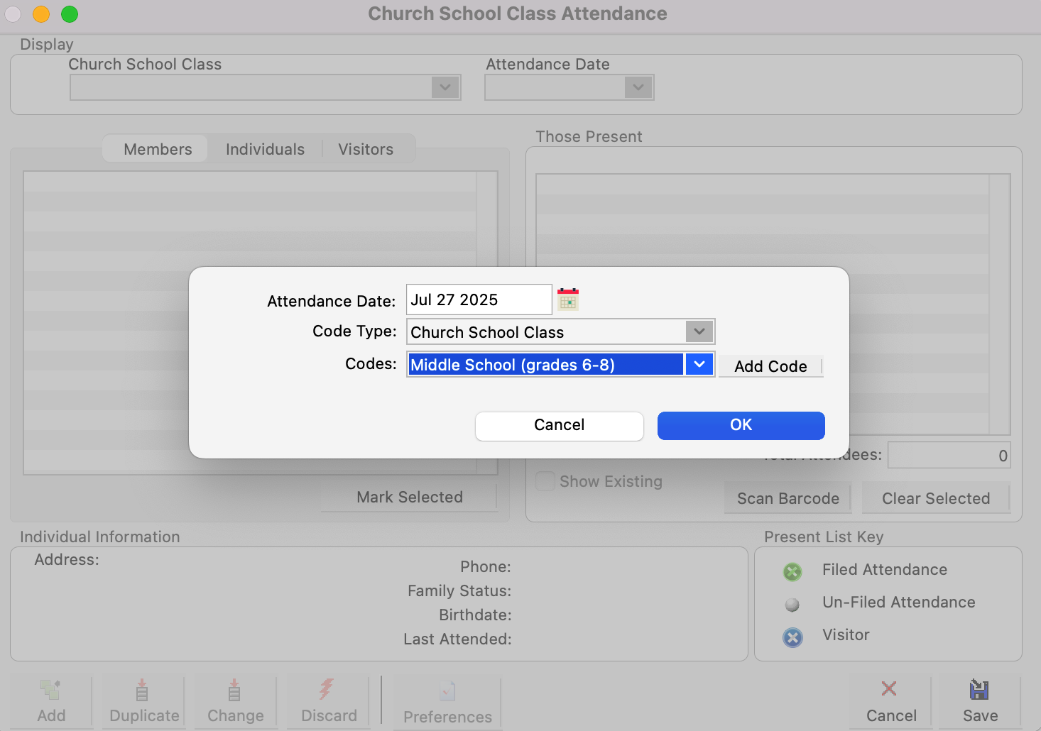 Picture showing pop-up window where you can enter the date and codes for the attendance you're taking.