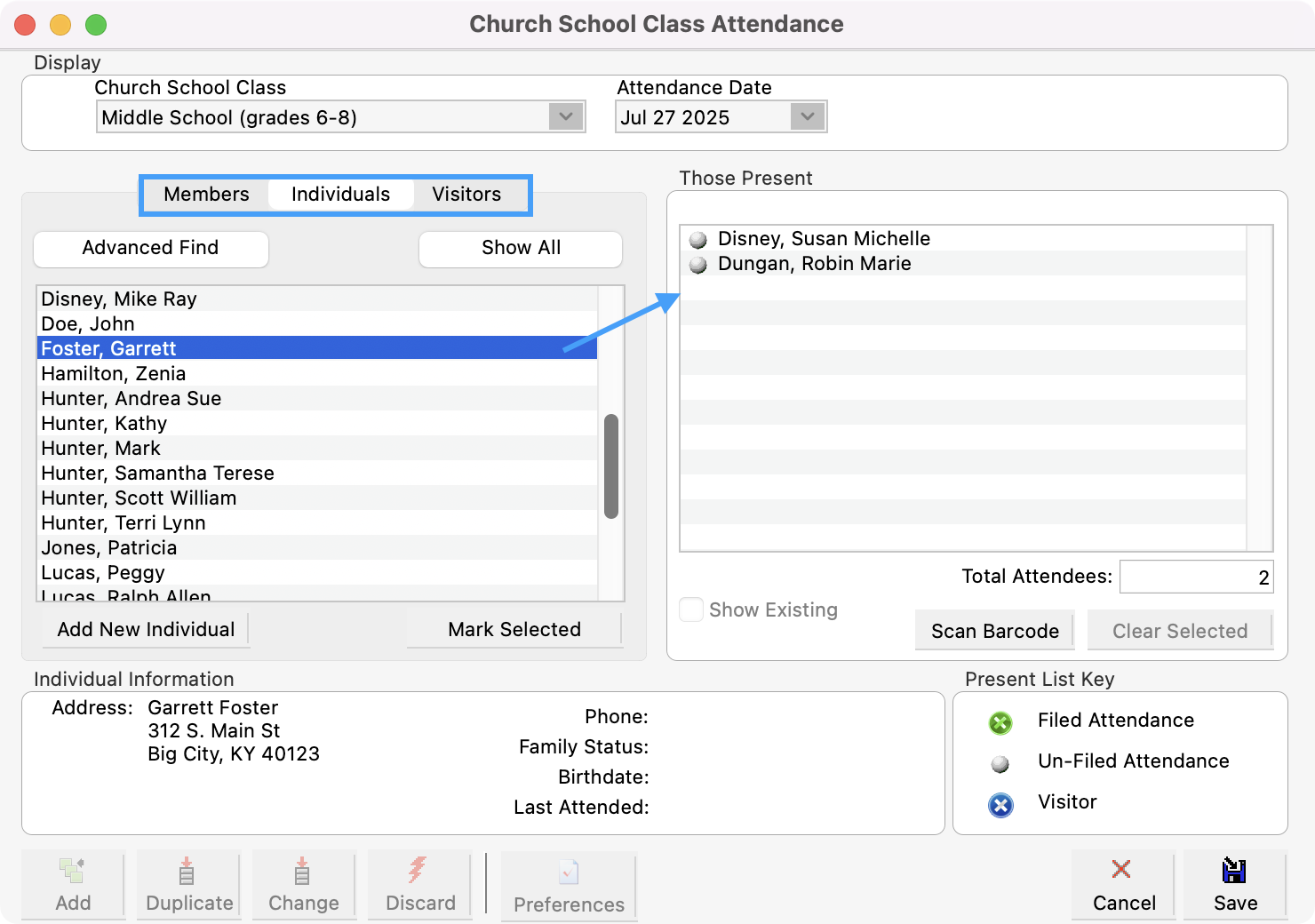 Church School Class Attendance window highlighting the Members, Individuals, and Visitor tabs and an arrow showing how to move an individual to the Those Present column.