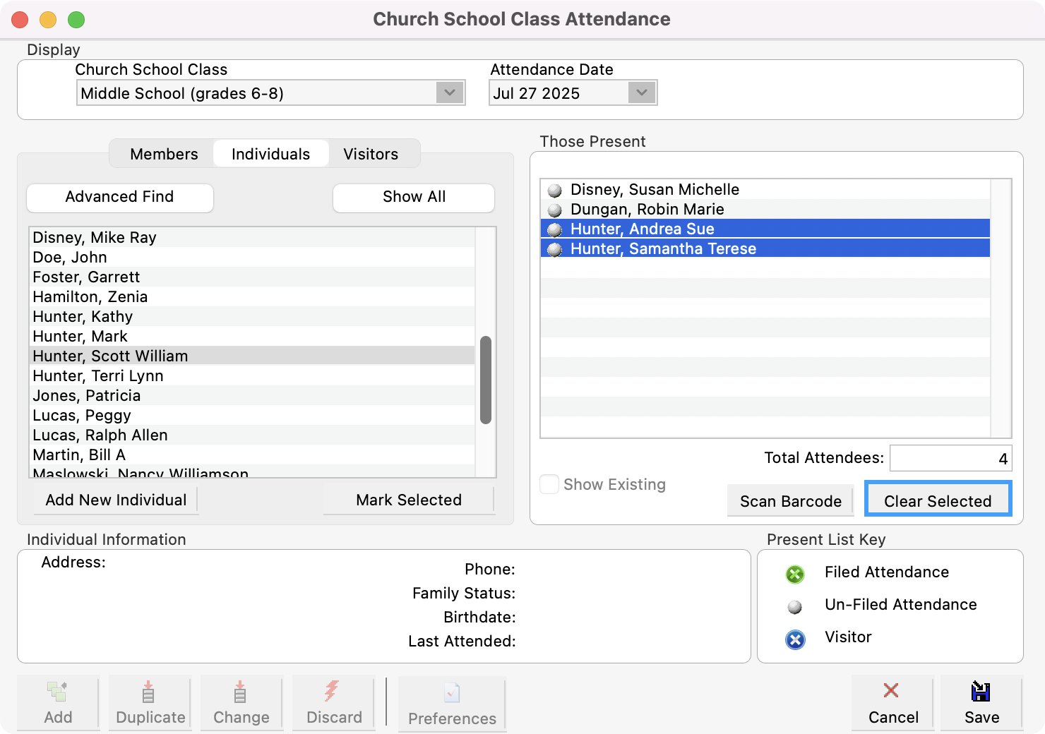 Church School Class Attendance window with Clear Selected highlighted.