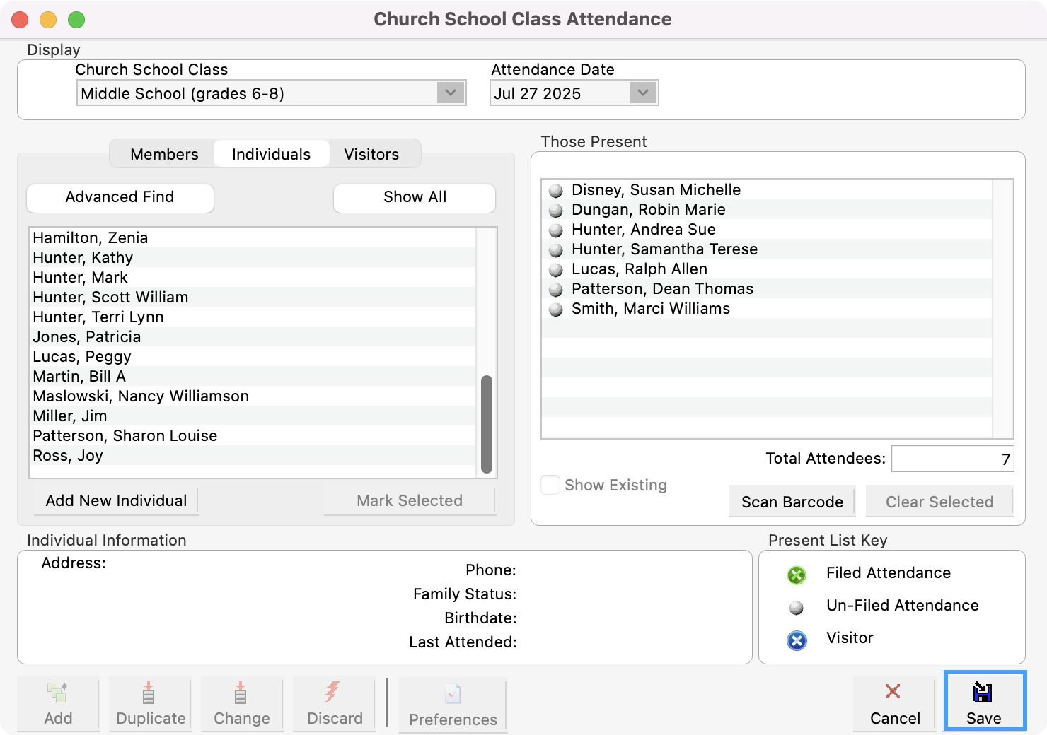 Church School Class Attendance window with save in the bottom right-hand corner highlighted.
