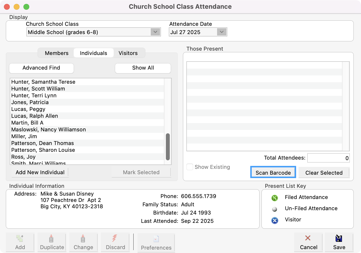 Church School Class Attendance window with the Scan Barcode button highlighted. 