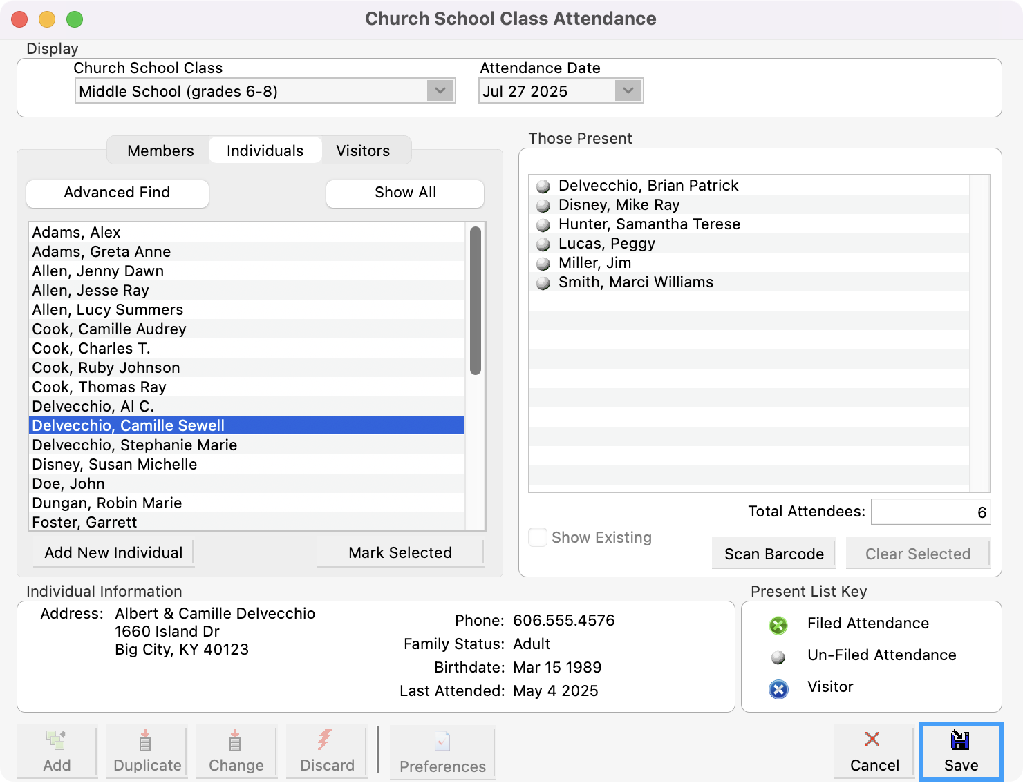 Church School Class Attendance window with Save highlighted in the bottom right-hand corner. 