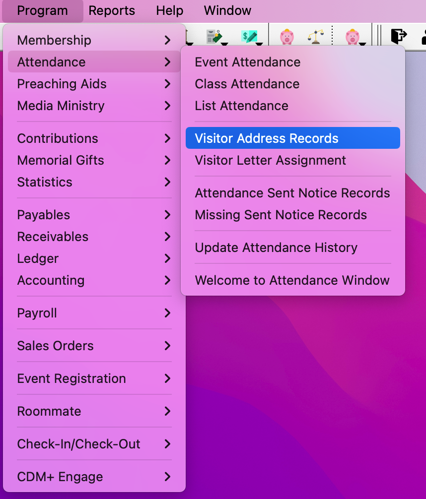 Shows navigation pathway to get to Visitor Address Records. 